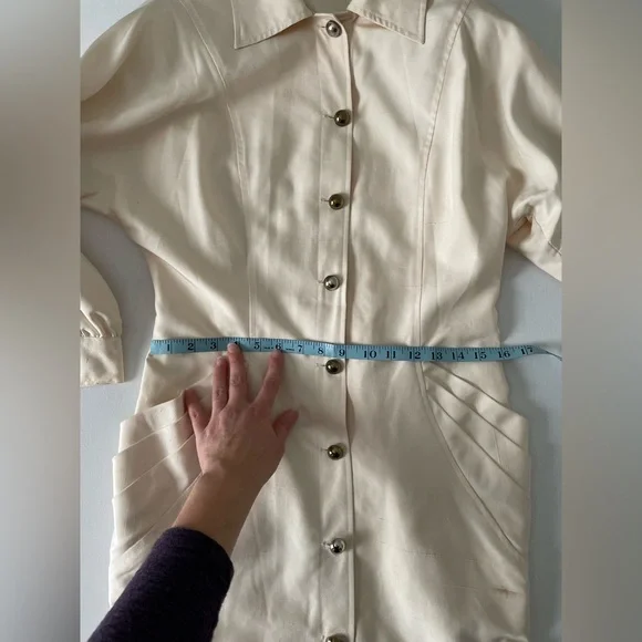 Vintage Silk Cream Button Midi Dress with Shoulder Pads Medium M - Picture 14 of 15